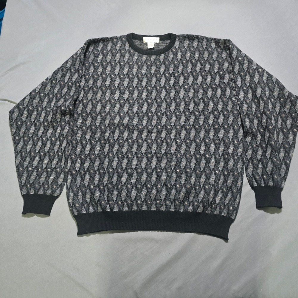 Tricots St Raphael Sweater Mens XL‎ Black Gray Diamond Knit Merino Wool Crewneck